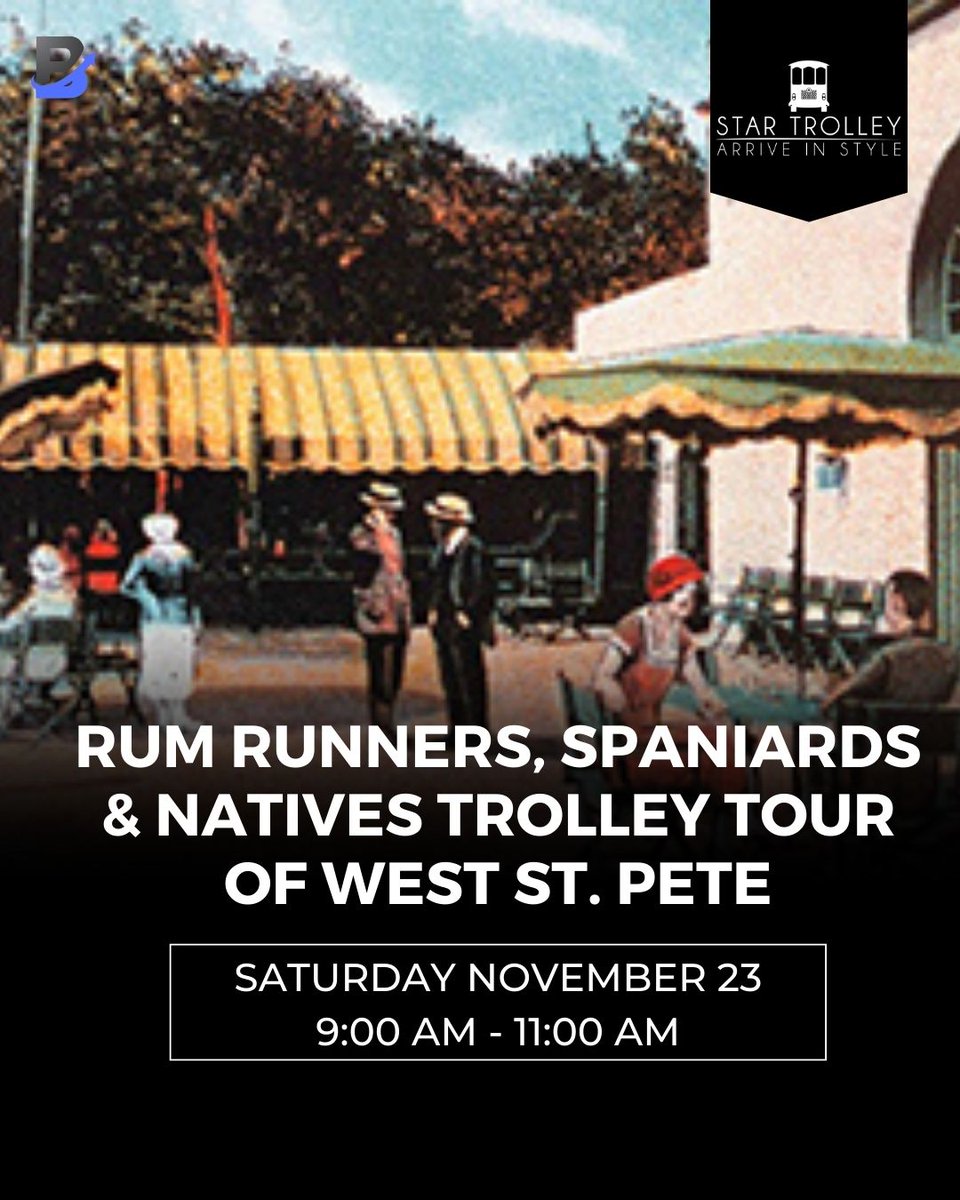 Step into the past with the Rum Runners, Spaniards &amp; Natives Trolley Tour of West St. Pete! 
Join us on Nov. 23 to explore West St. Pete’s rich history with the St. Petersburg Museum of History &amp; Star Trolley. Limited seats—reserve now!

spmoh.com/event/rum-runn…