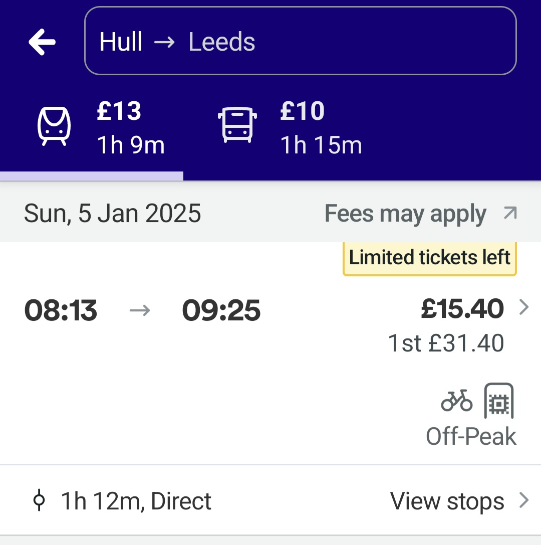 AddictiveAnnA's tweet photo. @nationalrailenq Hi. Have read this https://t.co/Uz2WfPVYUH however am confused as showing on Trainline that train running between Hull &amp; Leeds that stops at Selby, as per screenshot? https://t.co/W2zHomLSow