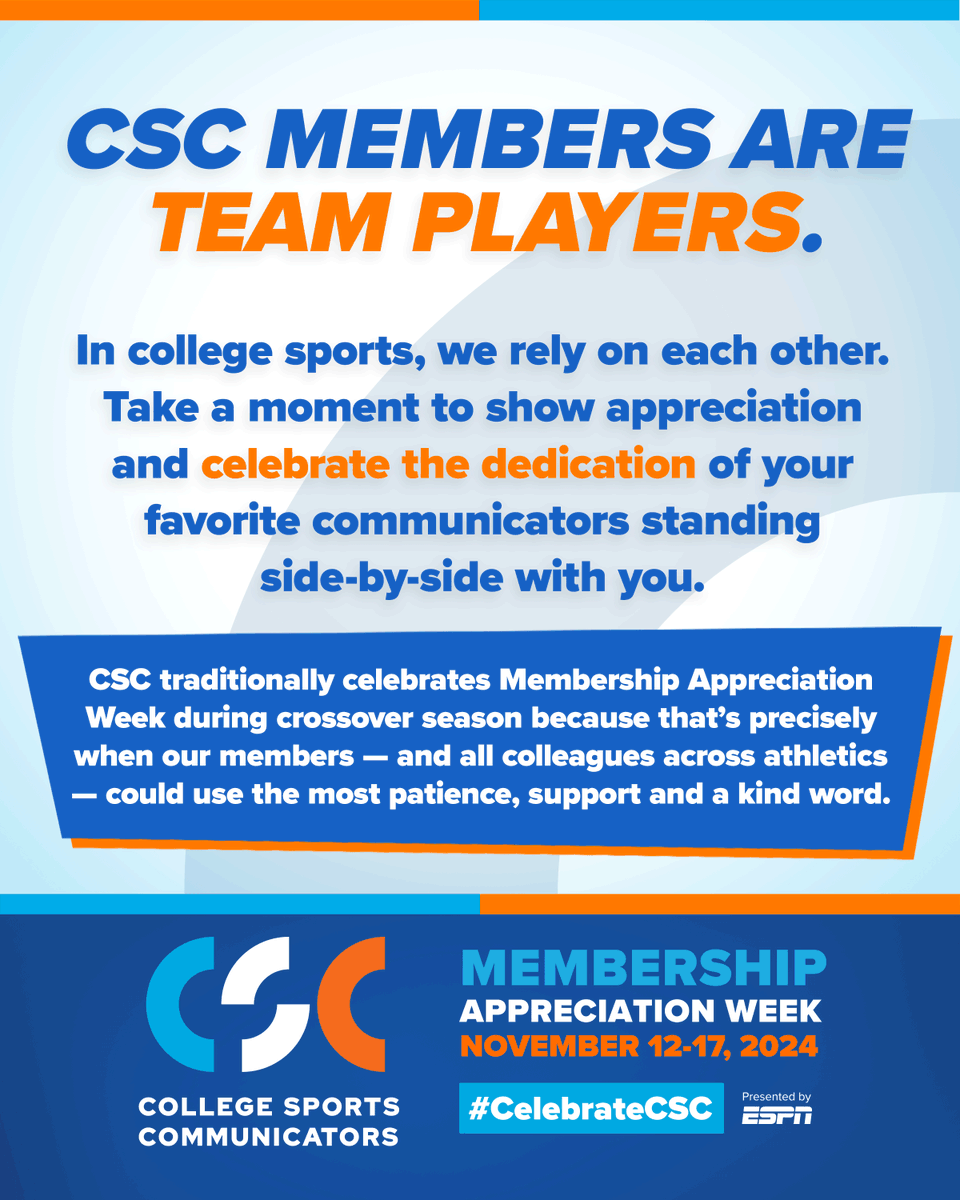 CollSportsComm's tweet image. CSC traditionally celebrates Membership Appreciation Week during crossover season because that&apos;s when our members — and all colleagues across athletics — could use the most patience, support and a kind word.

#CelebrateCSC

@d3sida @NAIASIDA @2YSIDA_CSC @CSCWomen @BCSIDA_Fam…