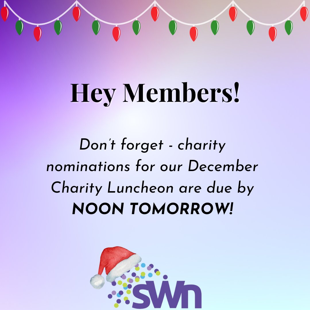 SWNSaskatoon's tweet photo. Friendly reminder that nominations for our December Charity Luncheon are due by noon tomorrow! If you haven't gotten a chance to send yours in yet, this is your reminder to do so 😊

#SWN #CharityLuncheon #CharityEvents #YXELocal #WomenSupportingWomen #LunchEvents #Networking https://t.co/9TVrFbn1uL