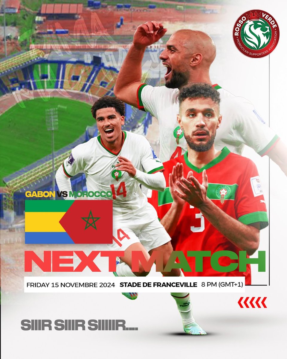 rossoverde212's tweet photo. 🔜 🇲🇦 Next match for the Atlas Lions in the AFCON 2025 qualifiers:

Morocco 🆚 Gabon 
📅  Friday, November 15, 2024
📍 Franceville Stadium, Gabon
🕗 8:00 PM (Moroccan/European Time, GMT+1)

Let's go Lions ! 🦁💪

#DimaMaghrib #RossoVerde #AtlasLions #RV https://t.co/QphtZ88ilh