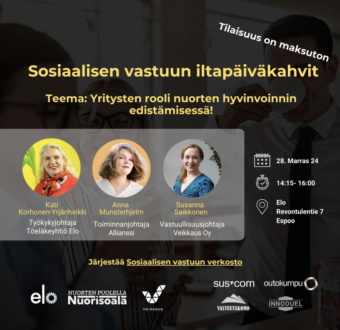 HeliElina's tweet photo. Sosiaalisen vastuun verkosto kokoontuu ensi viikolla Elossa supertärkeän teeman äärelle: Yritysten rooli nuorten hyvinvoinnin edistämisessä. Tervetuloa mukaan! Ilmoittautumislinkki alla: 
Tilaisuus on avoin ja maksuton.
👉Ilmoittaudu mukaan: https://t.co/c7J5JAk5KU… https://t.co/JttWCfc3Xn