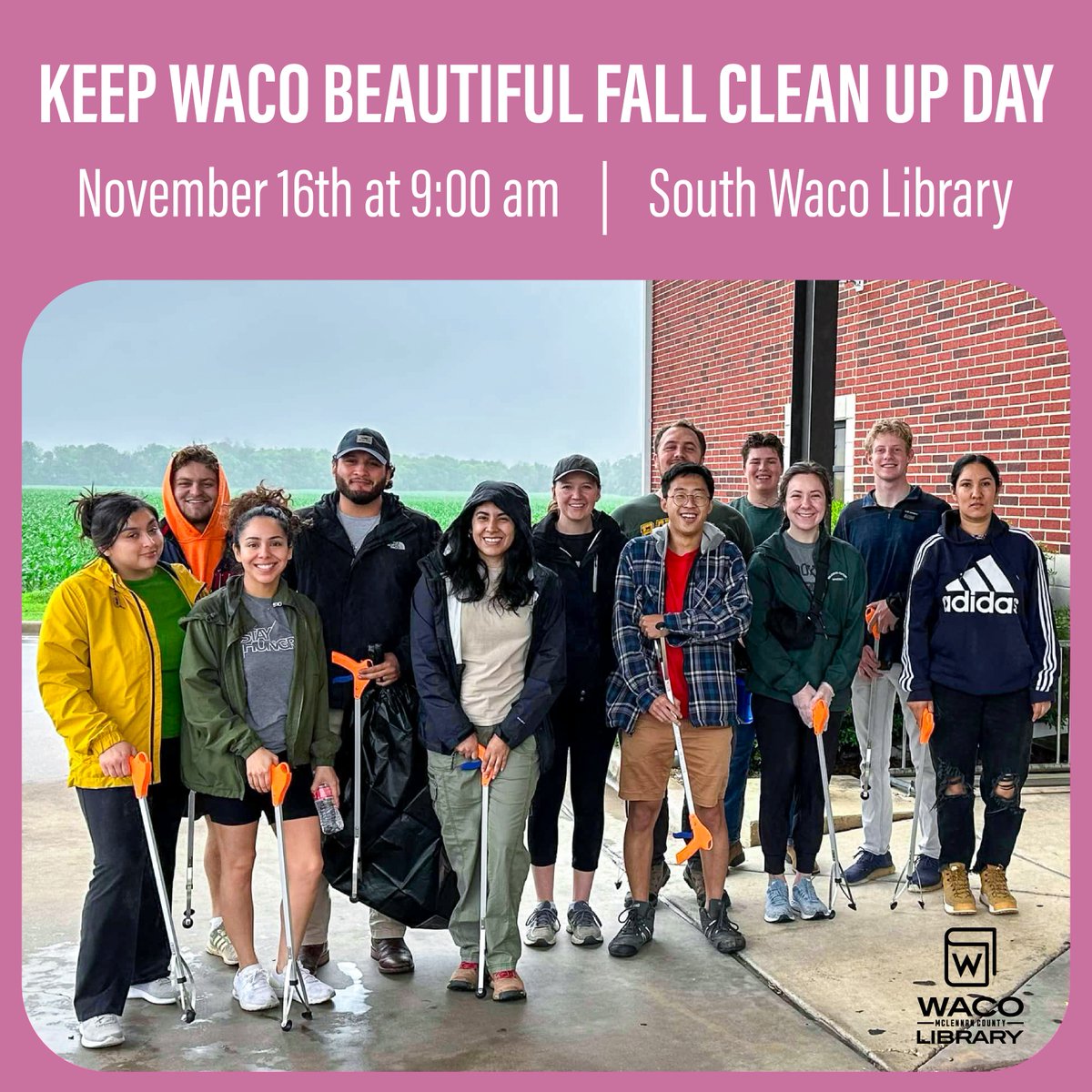 WacoLibrary's tweet photo. The South Waco Library is excited to host another fantastic @KWacoB Fall Clean-Up Day this Saturday, Nov. 16th!

Volunteers will gather at 9:00 am to pick up supplies and trash in the area around the library and the Waco Family Medicine Clinic.

#wacotexas #wacotx #wacolibrary https://t.co/uQlbI5xGQf