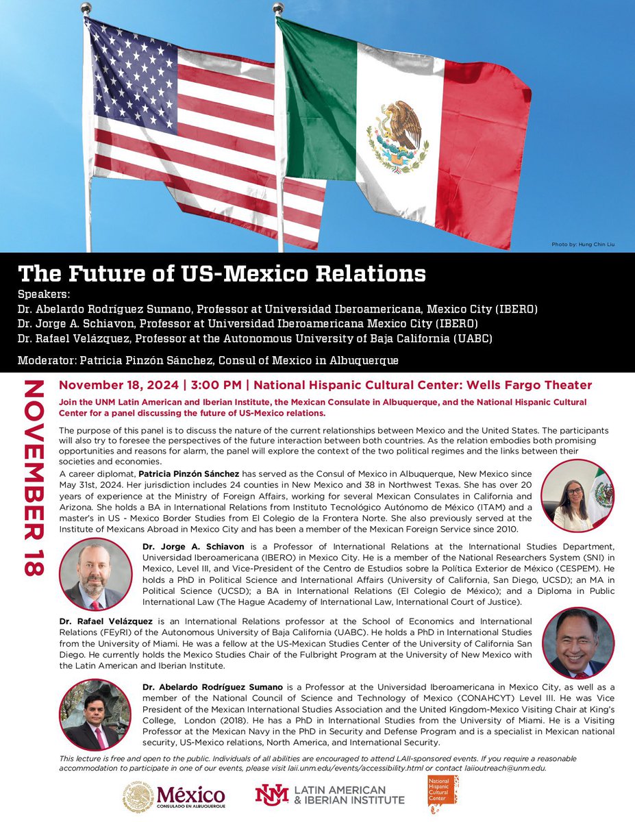 Next Monday Nov 18, 3pm at <a href="/NHCCNM/">NHCC</a> I will have the honor to moderate a <a href="/UNM/">Univ. of New Mexico</a> <a href="/unmlaii/">UNM LAII</a> panel on “The Future of US-Mexico relations”, through the eyes of some of the greatest experts in this matter. No one interested in the US-Mexico relations should miss this opportunity.