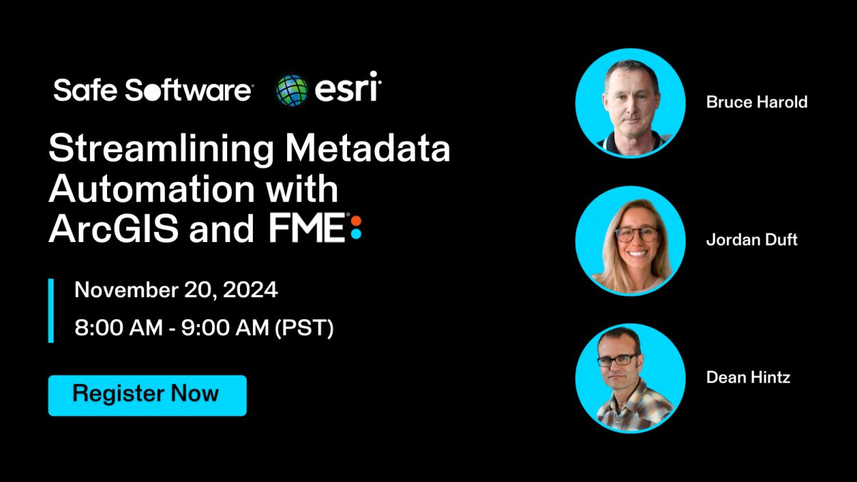ArcGIS Enterprise (@arcgisxprise) on Twitter photo Join us for a webinar about Metadata Automation hosted by <a href="/SafeSoftware/">FME Data Integration</a>. Listen to Esri Product Managers Bruce Harold and Jordan Duff as they join Safe Software’s Dean Hintz to discuss the importance of metadata with ArcGIS and FME software.
Register Now! esri.social/hoiw50U6jI3 Join us for a webinar about Metadata Automation hosted by <a href="/SafeSoftware/">FME Data Integration</a>. Listen to Esri Product Managers Bruce Harold and Jordan Duff as they join Safe Software’s Dean Hintz to discuss the importance of metadata with ArcGIS and FME software.
Register Now! esri.social/hoiw50U6jI3