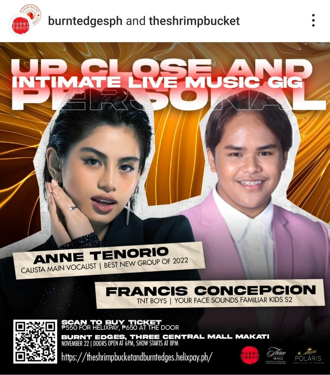 Get Upclose amd Personal with Francis Concepcion and Ate Anne Tenorio on November 22, 2024 at Burnt Edges Three Central Mall, Makati City. Door opens at 6PM. 

<a href="/TheTNTBoys/">TNT Boys</a>
<a href="/FrancisConcep14/">Francis Concepcion</a>
<a href="/PolarisABSCBN/">Star Magic - Polaris</a>
<a href="/starmagic/">Renee Sykes</a>
#francis 
#TheBurntEdges
facebook.com/share/p/1894GR…