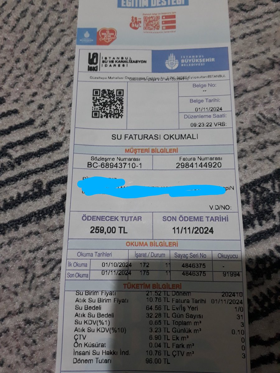 Gaziantep ilinde ikamet eden çocuklu bir ailenin 2 adet.
İstanbul'da ikamet eden tek başına yaşayan bir abimizin 1 adet faturası var.
Görselde yer alan bilgiler ile yardımcı olmak ister misiniz?
Paylaşmak güzeldir.
Gaski su:263₺
Gasdaş doğalgaz:200₺
İSKİ su:259₺