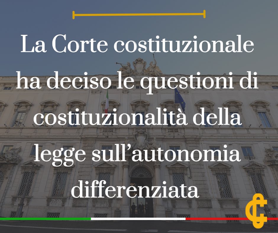 La Corte costituzionale ha deciso le questioni di costituzionalità della legge sull’autonomia differenziata.

cortecostituzionale.it/documenti/comu…

#Cortecostituzionale #Autonomia #Regioni