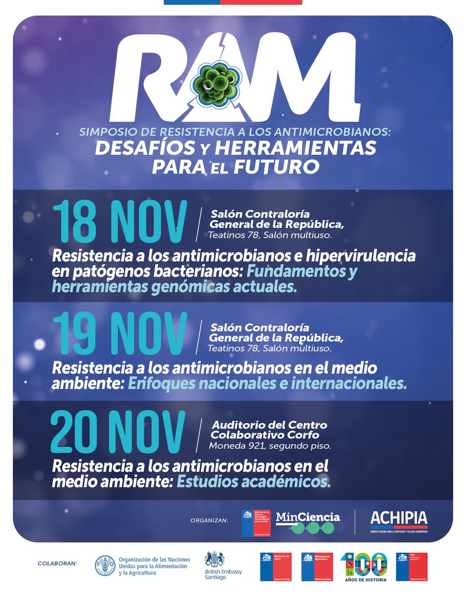 🦠Seminario Resistencia Antimicrobiana.
🗓️ 18-20 de nov.
🧪👩‍🔬Expertos hablarán sobre el rol de la genómica, impacto ambiental y avances.

Organizan: <a href="/min_ciencia/">Min. Ciencia, Tecnología, Conocimiento</a> y @achipia_oficial junto a <a href="/sagchile/">SAG</a> <a href="/ministeriosalud/">Ministerio de Salud</a> <a href="/minagricl/">Ministerio de Agricultura de Chile 🇨🇱</a>, <a href="/ukinchile/">UK in Chile 🇬🇧🇨🇱</a> y <a href="/FAO/">Food and Agriculture Organization</a>

➕info👉forms.gle/m8thKUAvHyRKDJ…