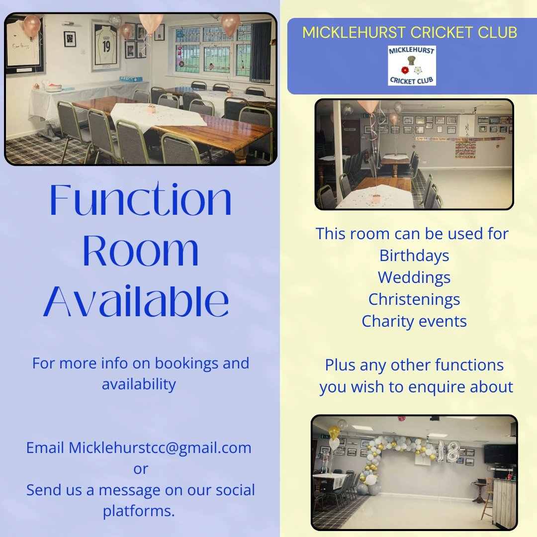 Remember, the club is available as a function room, especially over the winter months.

Want to enquire about booking your function and the availability of the room? Then send us a message via socials, or email micklehurstcc@gmail.com for further information.
