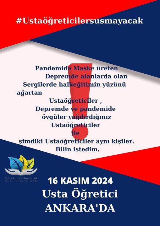 USTA ÖĞRETİCİLER TEK YÜREK ANKARA'DA BULUŞUYORU
#16KASIMtekyürek
Mesleğimizin devam edebilmesi için 
<a href="/ShowTV/">Show TV</a> 
<a href="/KanalD/">Kanal D</a> 
<a href="/kanal7/">Kanal 7</a> <a href="/AtvHaberTurkiye/">Atv Haber</a> 
<a href="/trthaber/">TRT HABER</a> 
<a href="/trt1/">TRT 1</a> 
<a href="/startv/">STAR TV</a> 
<a href="/ahaber/">A Haber</a> 
<a href="/HaberturkTV/">Habertürk TV</a> 
<a href="/beyaztv/">BEYAZ TV</a> 
<a href="/Hurriyet/">Hürriyet.com.tr</a> 
<a href="/milliyet/">milliyet.com.tr</a>