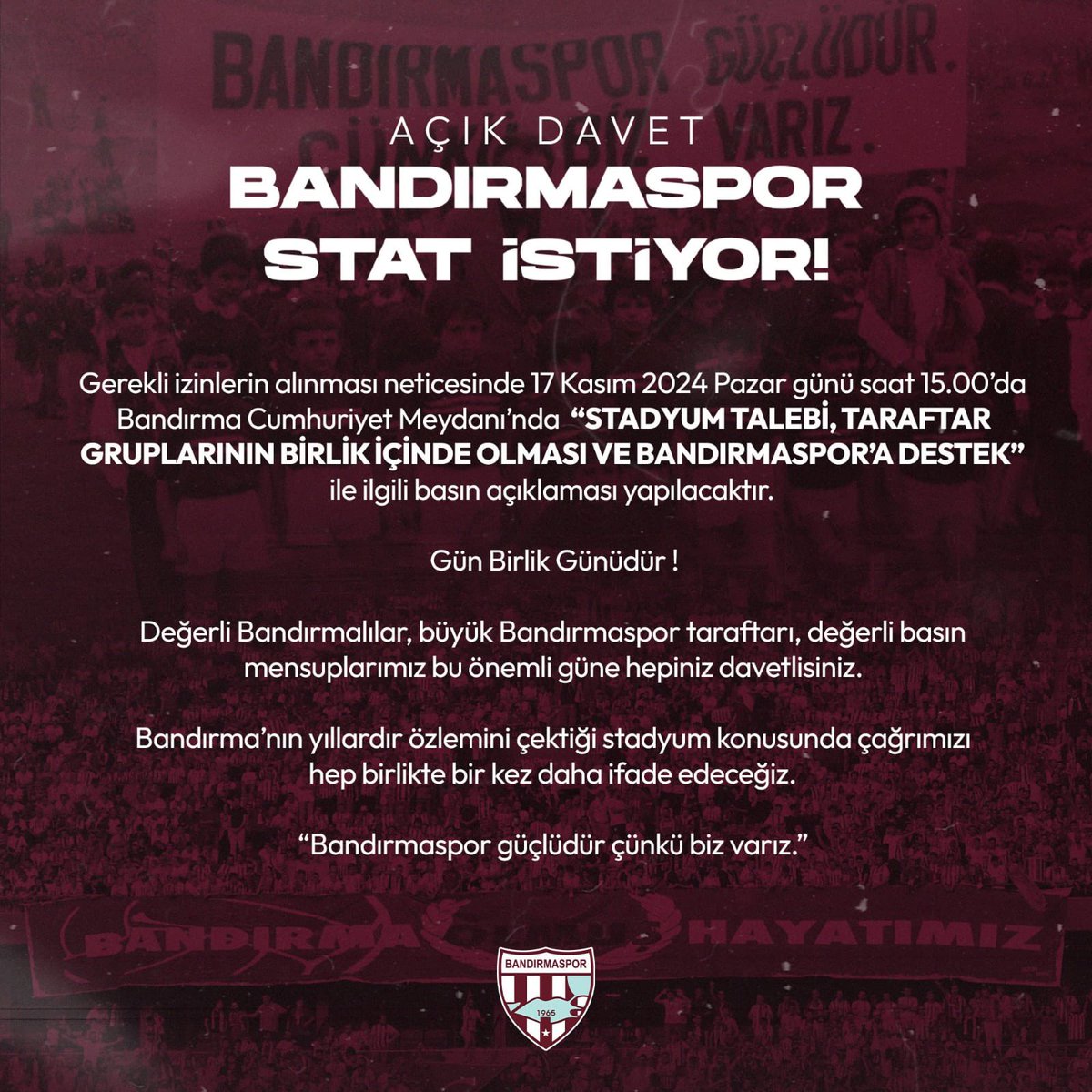 Bandırma Beşiktaşlı İş Adamları Derneği, Bandırmaspor taraftarlarının stat çağrısına destek olmak için meydanda olacak.

#Bandırmaspor taraftarları Bandırmaspor'dan ekmek yiyen diğer Sivil Toplum Kuruluşları'nında desteğini bekliyor..