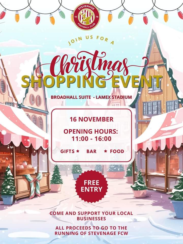 2 days to go!! 
Come and join us for our Christmas Shopping event 11-4pm on Saturday 16th November. 
We are in the Broadhall Suite at Stevenage FC Stadium.
It's free entry for all. Come support your local businesses and women's football team.