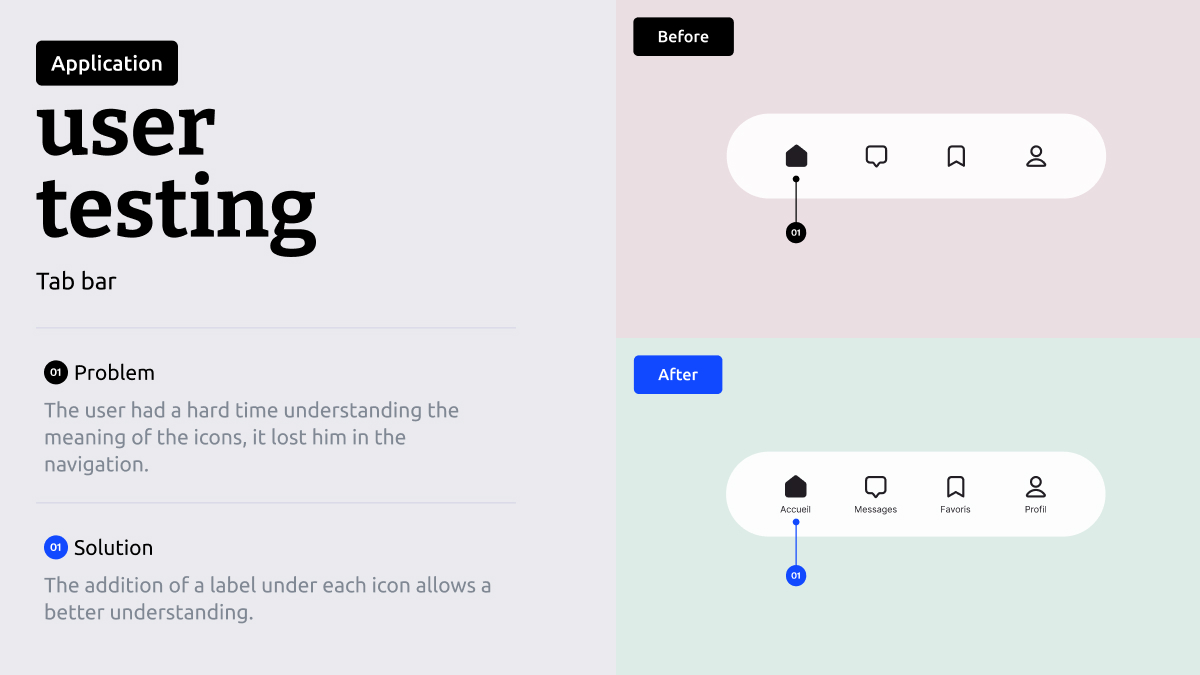 cazy_fr's tweet image. User testing 🧪

Lors de mes tests utilisateurs, j’ai remarqué que les icônes seules dans la barre de navigation n’étaient pas toujours assez claires. Pour faciliter la compréhension, ajouter des labels permet une navigation plus intuitive. 🚀

#Usertest #uidesign  #UXDesign
