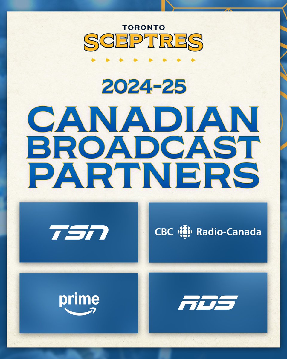 PWHL_Toronto's tweet photo. Bringing you closer to every moment 🏒📺

Toronto Sceptres games this season will be broadcast live across Canada through TSN and RDS, CBC/Radio-Canada, and Prime Video.

Full details:
📰 https://t.co/gQwPWUVc2i https://t.co/hjnvI8MCZZ