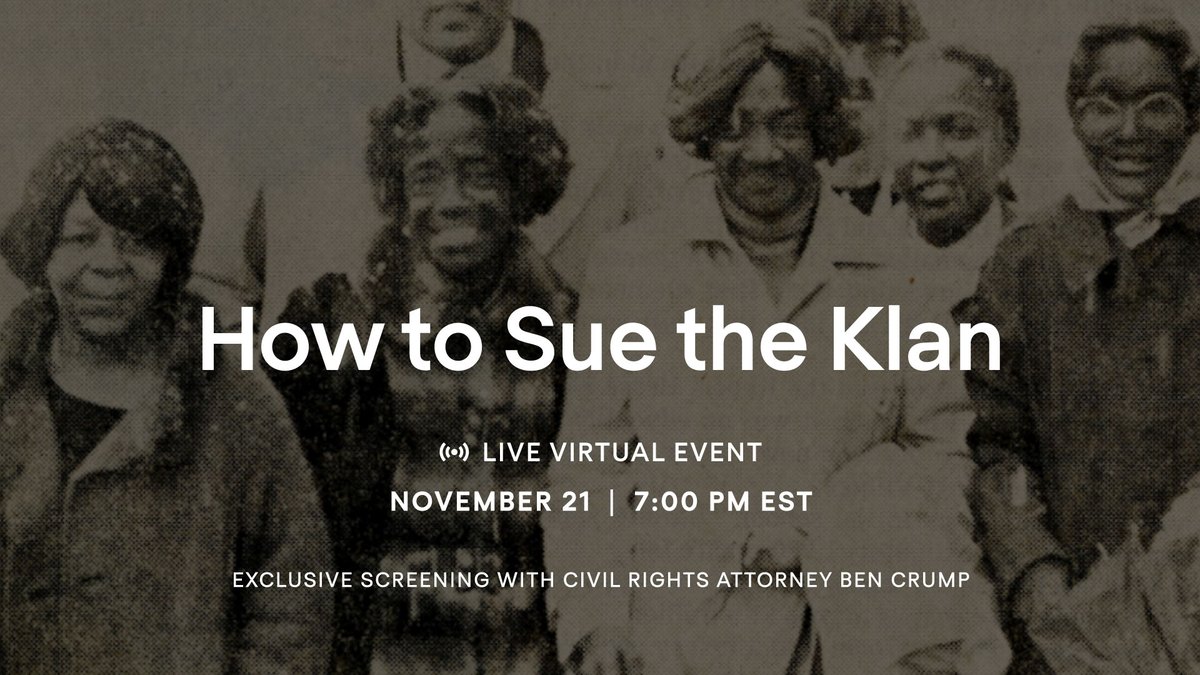 Join Civil Rights Attorney Ben Crump for a one-night only virtual screening event for the new documentary 'HOW TO SUE THE KLAN', hosted by @southerndocfund.

🗓️ Thursday, November 21
⏰ 7:00 PM EST

Get your ticket at kinema.com/events/how-to-…