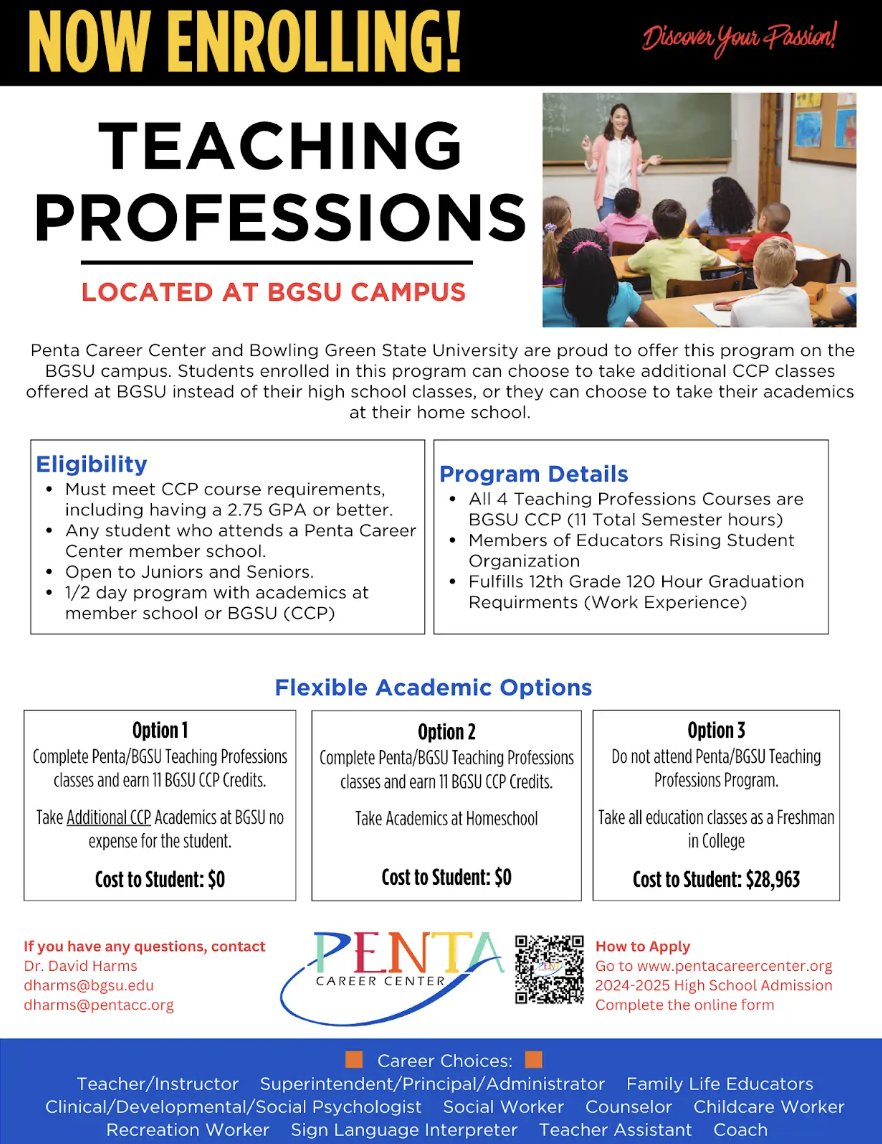 Are you interested in being a teacher or working in the field of education in another role, check out the Teaching Professions Program at Penta Careeer Center. It is free to MHS 11-12 graders and offers college credits.