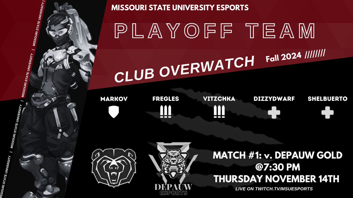 Hey Bears! Club Overwatch starts their Playoff journey tonight! Catch the game and root for the Bears live on our Twitch at 7:30PM!🐻