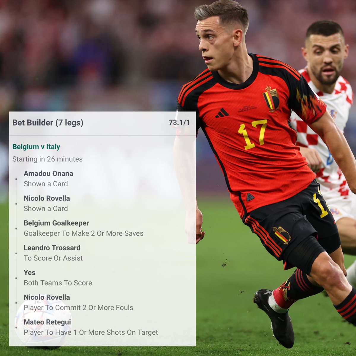 BELGIUM V ITALY BET BUILDER 👷‍♂️ 

let’s try another longshot after that win last Sunday 🤞🍀

ODDS 🤑- 73.1/1