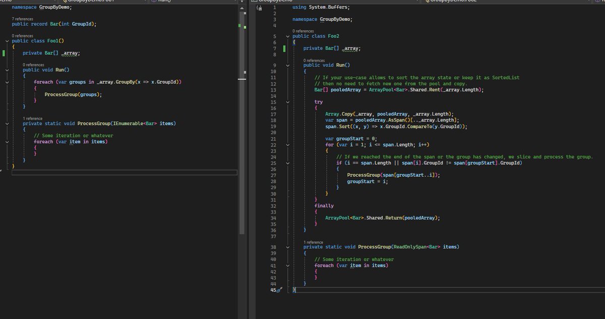If you have a concrete collection, here is an allocation-free approach for GroupBy.

It's quite verbose code, but it removed tons of allocations.

#dotnet #aspnetcore