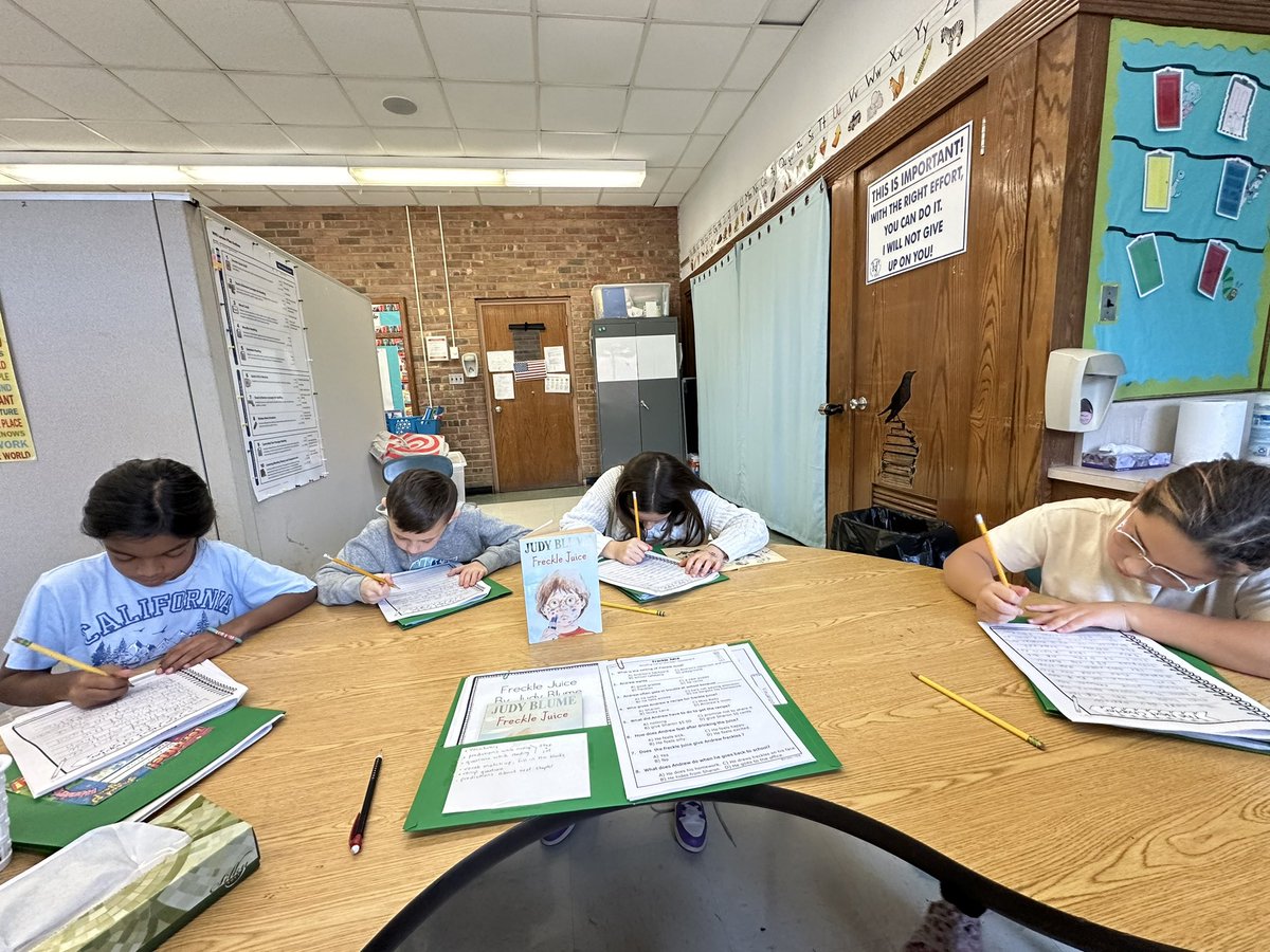 Toni1623's tweet photo. After finishing Freckle Juice, these third graders are hard at work writing an additional chapter for how they think the book should end! https://t.co/aLEsvWiikC