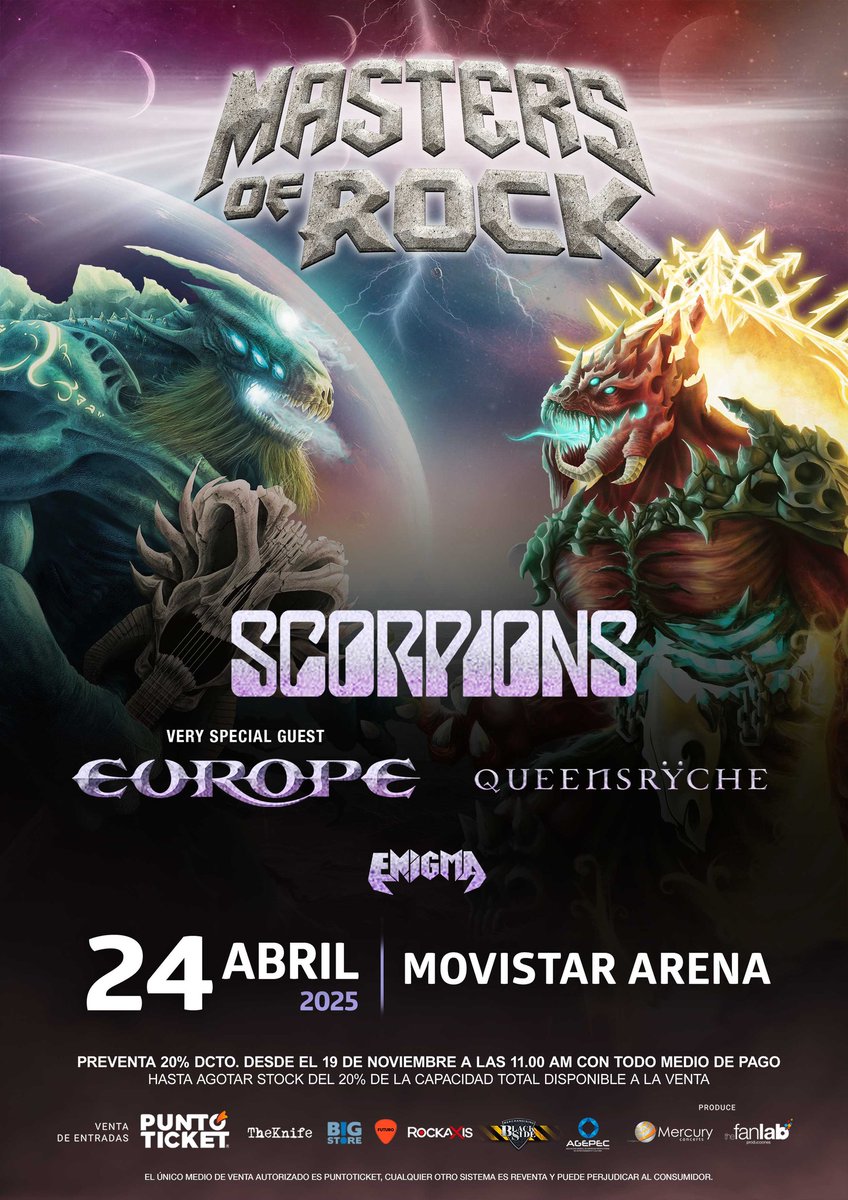 We are very pleased to announce we will be back in #Chile for the 𝗠𝗮𝘀𝘁𝗲𝗿𝘀 𝗼𝗳 𝗥𝗼𝗰𝗸 𝗙𝗲𝘀𝘁𝗶𝘃𝗮𝗹 with our friends Scorpions on April 24, 2025 at the Movistar Arena in #Santiago. Tickets on sale starting from November 19th @ 11 AM CLST (...) johnnorum.se/europe-live-sa…