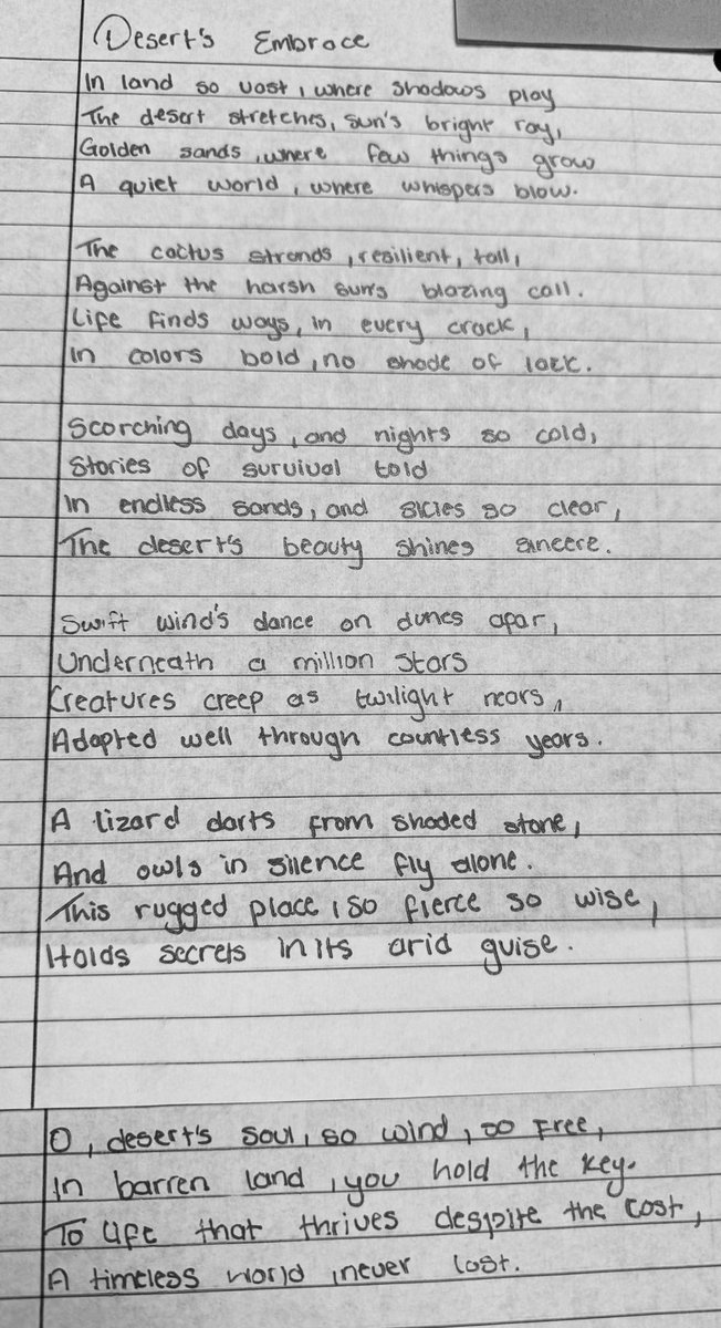 Poetic excellence! My students personal experience living in Africa shines through her poetry which eloquently captures the beauty of a desert biome.