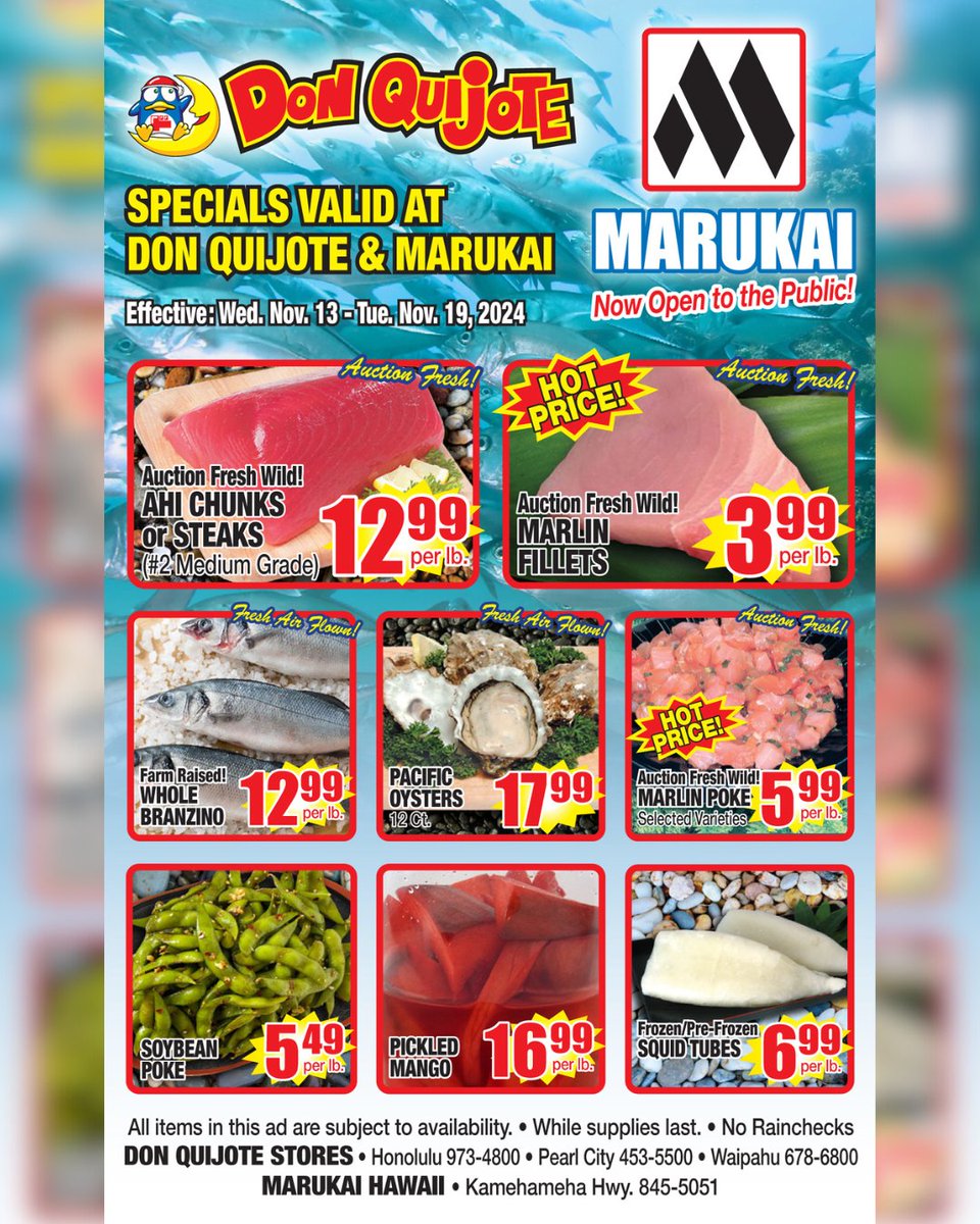 Wave hello to savings! 🌊 Marlin fillets for $3.99/lb and marlin #poke for just $5.99/lb — ideal for a #seafood feast! Don’t miss these special prices, only available now through November 19. #MarukaiHawaii #weeklyad