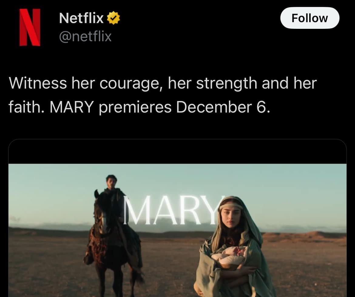 🚨 Catholics should be aware: Netflix's upcoming "Mary" film (Dec 6) seriously misrepresents Catholic teaching about Our Blessed Mother. Here's what you need to know...

The film makes three major errors based on the trailer and interviews about the movie:

Portrays Mary &amp;