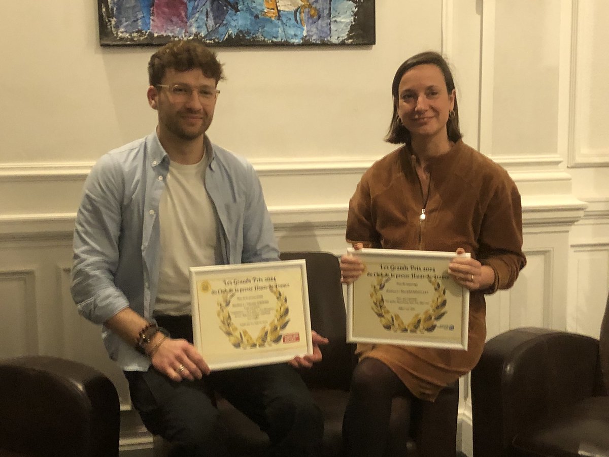 Bravo à <a href="/elsagrenouillet/">elsagrenouillet</a> et <a href="/ValtBrD/">Valentin Briard</a>, journalistes à <a href="/lavoixdunord/">La Voix du Nord</a> et lauréats ce soir des Grands prix du <a href="/ClubPresseHDF/">Club Presse HDF</a>. Bravo aussi aux autres lauréats, @2Blasi, Nejma Chebah et <a href="/ClaireDenniston/">Claire Denniston</a> 🏆