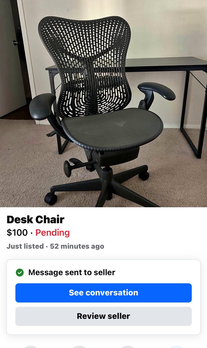 RickRyderSooner's tweet photo. Give me that Herman Miller Mirra 2 for a crisp Benjamin! God I am so good at Facebook Marketplace. #OldManBack https://t.co/fHgXz15vgb