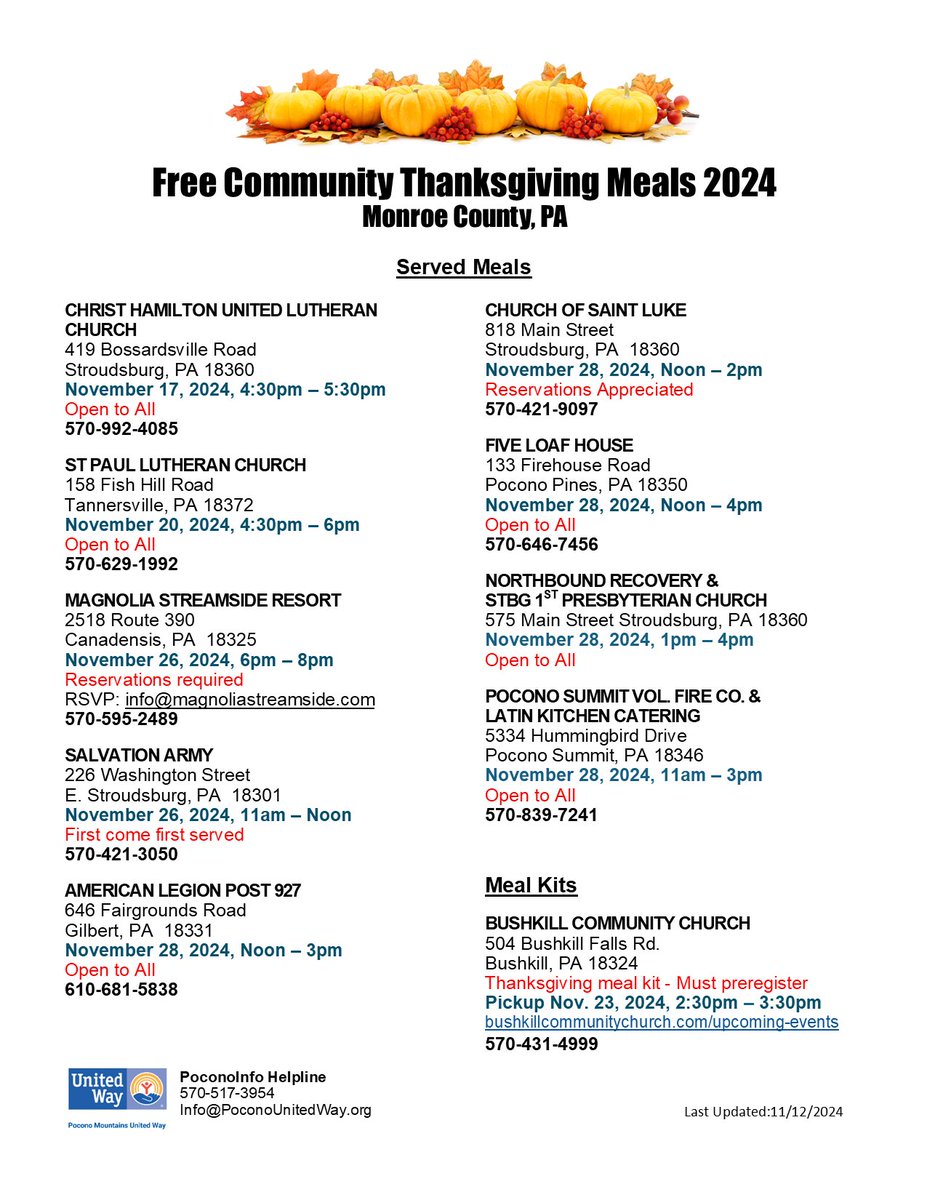 It's wonderful to see our community stepping up to ensure that everyone, regardless of their circumstances, can share in the holiday!!🤎🧡💛 
PLEASE SHARE so that anyone in need of a meal on or around Thanksgiving in Monroe County, PA can take part! #PoconoSeasonOfGiving #PMUW