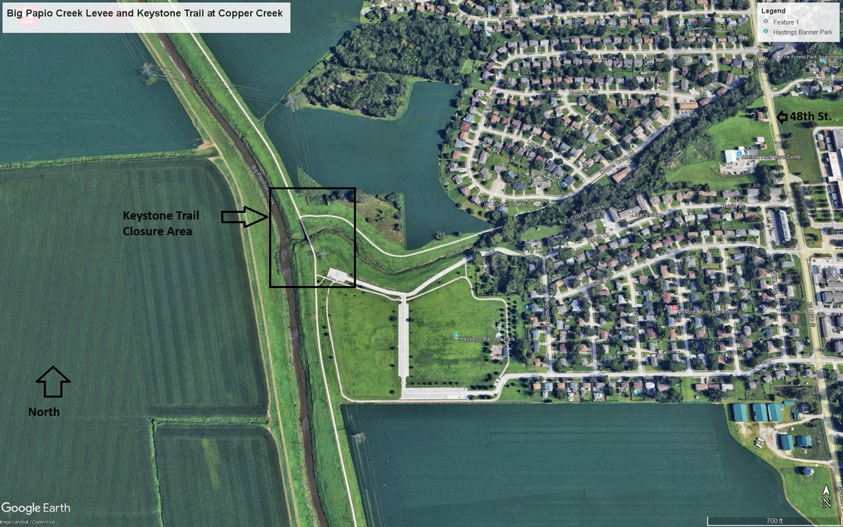 Portions of the Keystone Trail at the Copper Creek location which is located on east side of Big Papio Creek near Hastings Banner Park will be temporarily closed for the removal of City of Omaha’s existing interceptor sewer creek pipe. 

bellevue.net/information/ne…