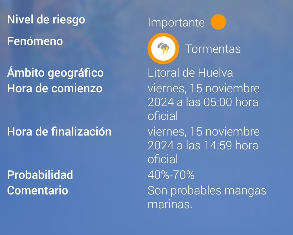 ¡Última hora!

Aemet acaba de actualizar avisos y volverá a activar AVISO NARANJA de riesgo importante para mañana viernes en las comarcas de litoral, Andévalo y Condado por posibles lluvias y tormentas fuertes.

Estará vigente desde las 06:00 h. hasta las 15:00 h. y se podrían