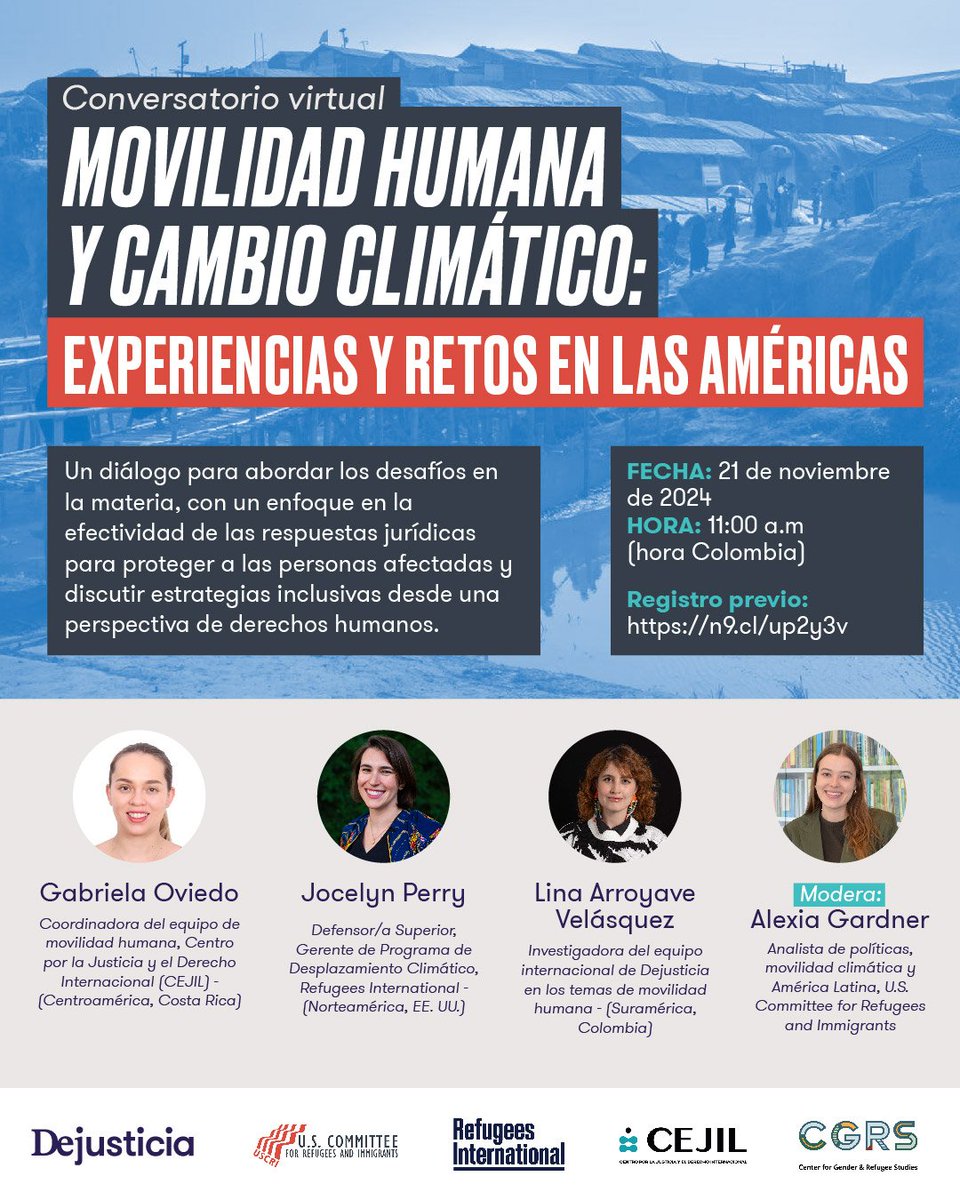 🌍|  A medida que el cambio climático obliga a las personas a desplazarse, los marcos legales deben actualizarse. Junto a <a href="/USCRIdc/">U.S. Committee for Refugees and Immigrants (USCRI)</a> @cgrs_asylum @refugeesintl <a href="/cejil/">CEJIL</a> conversaremos sobre cómo proteger a la población vulnerable al clima.

Regístrese aquí: bit.ly/3UPsajz