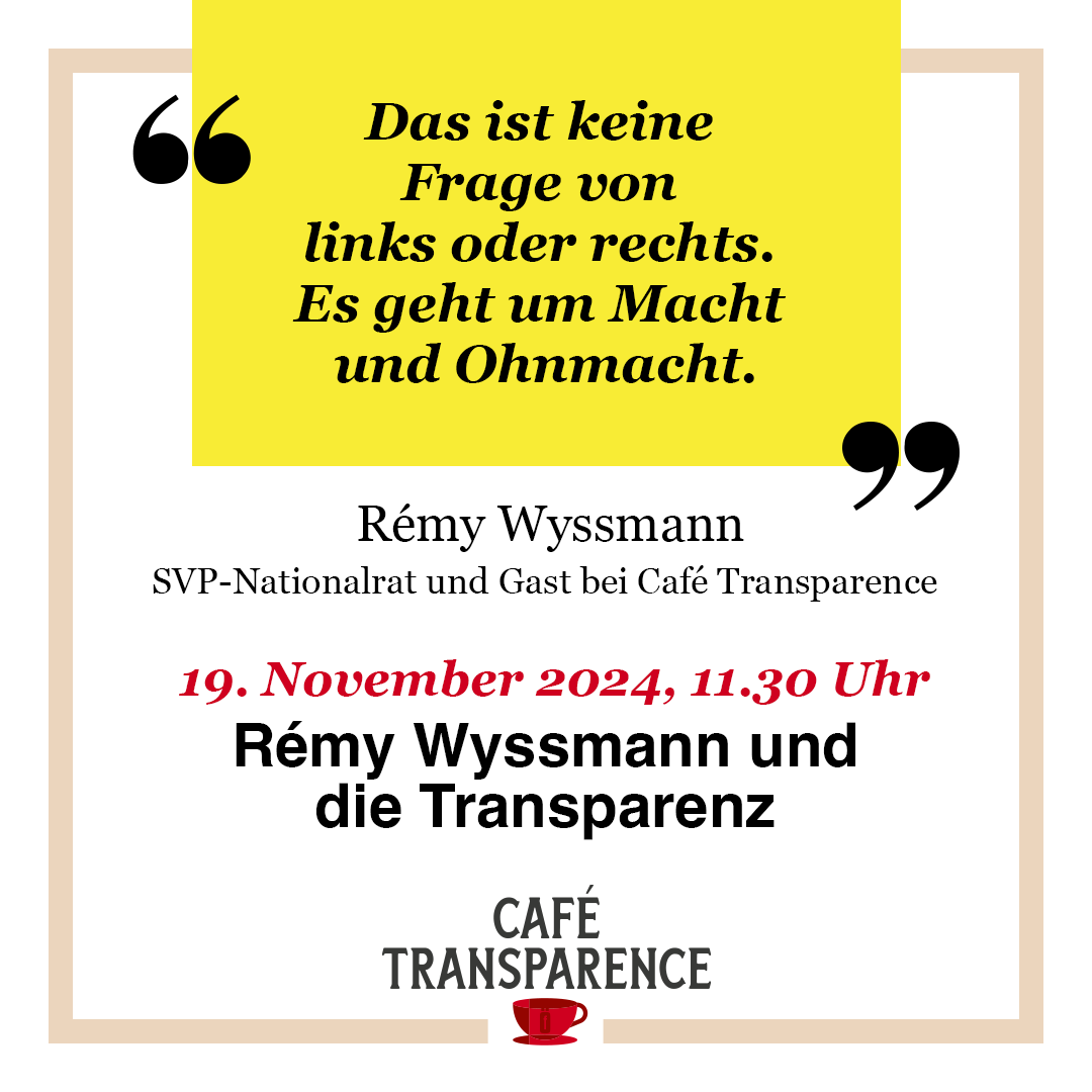 Transparenz schafft Vertrauen! 💬 Rémy Wyssmann fordert Einsicht in Kaderlöhne &amp; Covid-Verträge. 📅 19. Nov, 11:30 Uhr, online 🎤 Moderation: Marguerite Meyer 👉 Jetzt anmelden: oeffentlichkeitsgesetz.ch/deutsch/cafe-t…