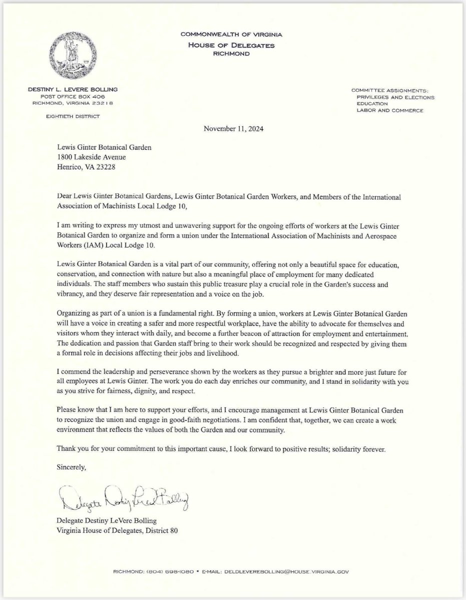 Thank you <a href="/destinyforva/">Delegate Destiny LeVere Bolling</a> for writing a letter to <a href="/lewisginter/">Lewis Ginter Botanical Garden</a> Botanical Garden asking them to recognize our union and bargain in good faith. “I am confident that, together, we can create a work environment that reflects the values of both the Garden and our community.” We agree!!