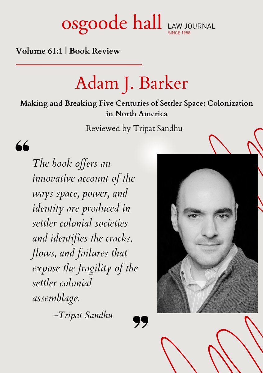 Osgoode Hall Law Journal (@ohlj) on Twitter photo Tripat Sandhu considers <a href="/AdamOutside/">Adam Barker</a>'s analysis of how settler colonialism shapes space, power, and identity—and his exposition of cracks in its structure. Barker conceptualizes ways to resist and dismantle these systems through these vulnerabilities.
digitalcommons.osgoode.yorku.ca/ohlj/vol61/iss… Tripat Sandhu considers <a href="/AdamOutside/">Adam Barker</a>'s analysis of how settler colonialism shapes space, power, and identity—and his exposition of cracks in its structure. Barker conceptualizes ways to resist and dismantle these systems through these vulnerabilities.
digitalcommons.osgoode.yorku.ca/ohlj/vol61/iss…