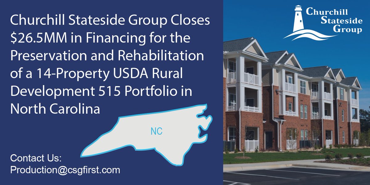 CSGfirst's tweet image. Churchill Stateside Group is pleased to announce the closing of financing for the preservation and rehabilitation of a 14-property 383-unit USDA Rural Development 515 portfolio in North Carolina. 
Read more hubs.la/Q02YgvGP0