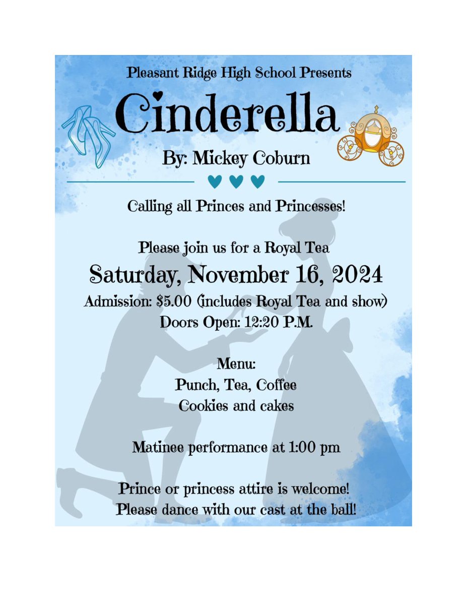 You won't want to miss this! Pleasant Ridge High School presents Cinderella!!
We're excited to add a matinee performance this year.
See you there!!