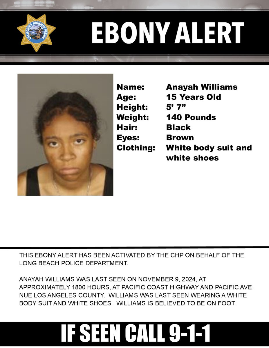 CHP - Alerts (@chpalerts) on Twitter photo Ebony Alert - Los Angeles County.
Last seen: Pacific Coast Highway and Pacific Avenue, Long Beach
<a href="/LBPD/">Long Beach PD (CA)</a>
IF SEEN, CALL 9-1-1. Ebony Alert - Los Angeles County.
Last seen: Pacific Coast Highway and Pacific Avenue, Long Beach
<a href="/LBPD/">Long Beach PD (CA)</a>
IF SEEN, CALL 9-1-1.