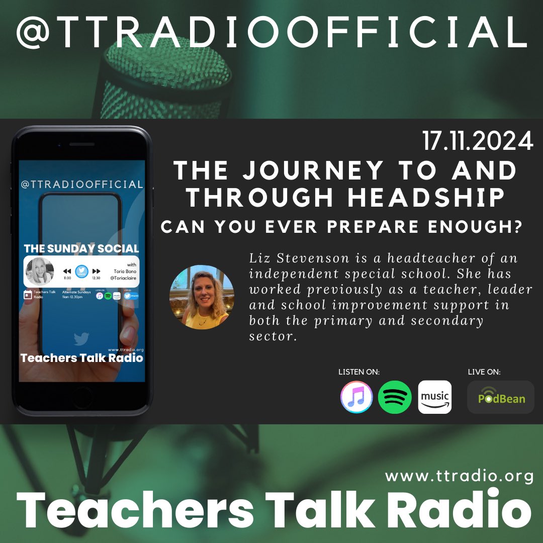 Toria Bono FCCT (@toriaclaire) on Twitter photo This Sunday
11am
Join me and my fabulous guest <a href="/lstevenson2410/">Liz Stevenson</a>.
Liz will be chatting to me about the journey to and through headship This Sunday
11am
Join me and my fabulous guest <a href="/lstevenson2410/">Liz Stevenson</a>.
Liz will be chatting to me about the journey to and through headship