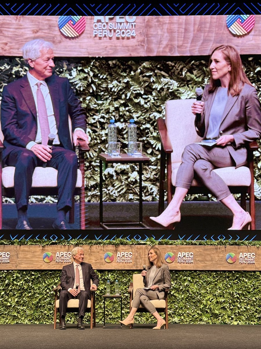 AngieOTang's tweet photo. @jpmorgan CEO Jamie Dimon in convo w/ Bloomberg's @lisaabramowicz1  on global finance at the @apecperu CEO Summit Peru 2024. Asked about @realDonaldTrump right off the top https://t.co/ARgB57paeR