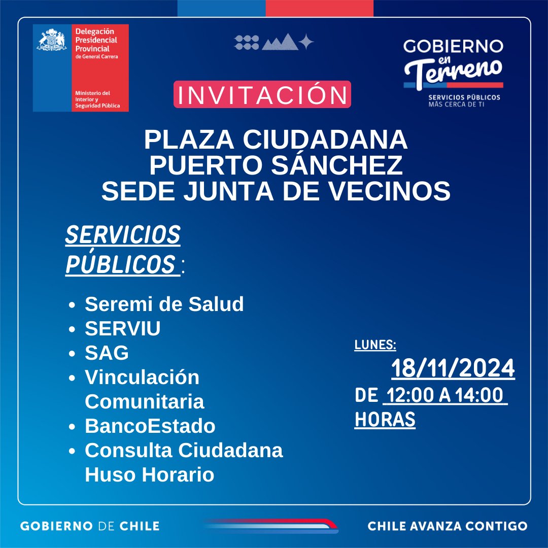 Atención Puerto Sánchez‼️
Este lunes 18 de noviembre estaremos en la localidad con una nueva Plaza Ciudadana del programa Gobierno en Terreno.
Conoce los servicios que participan en esta actividad aquí: