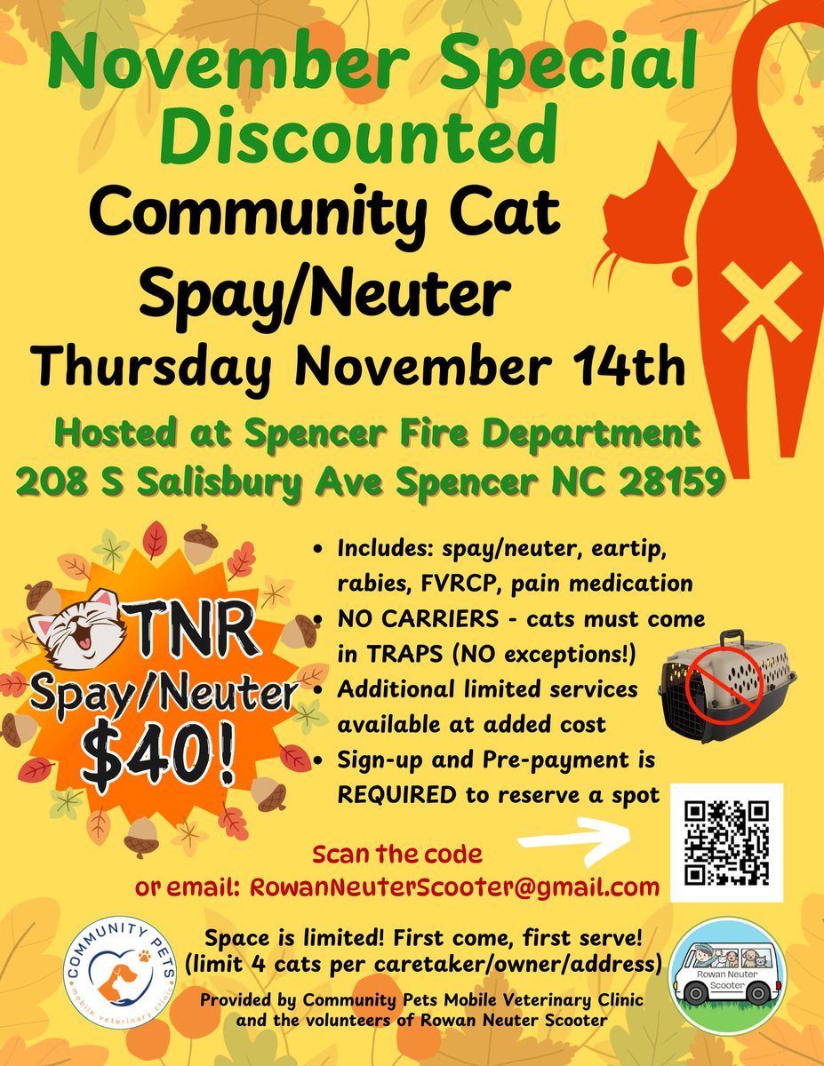 We are continuing to partner with Rowan Neuter Scooter and the Community Pets Mobile Veterinary Clinic to host community cat spay/neuter days. Future dates and other information can be found on their Facebook page at facebook.com/Rowanneutersco…