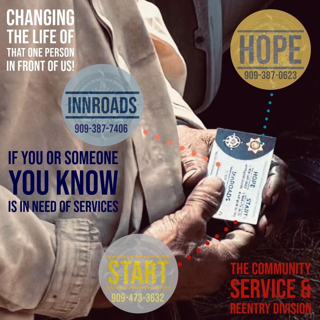 SBCSD_csrd's tweet image. If you know someone experiencing homelessness and need services, please get in touch with the HOPE (909) 387-0623 team the InnROADs (909) 387-7406 team or incarcerated individuals, the START team (909) 473-3632. #jailprograms #homeless2hopeful #SBCSD #CSRD #HOPE #InnROADs #START