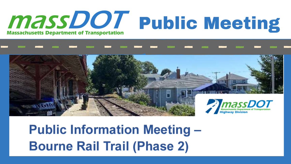 MassDOT's tweet image. On 11/14 at 6:00pm, #MassDOT will hold a public information meeting to discuss the proposed Bourne Rail Trail (Phase 2) project in #Bourne.

Location: Pocasset Village Association Building,
 314 Barlow’s Landing Road, Pocasset, MA 02559

ℹ️ mass.gov/event/bourne-r…