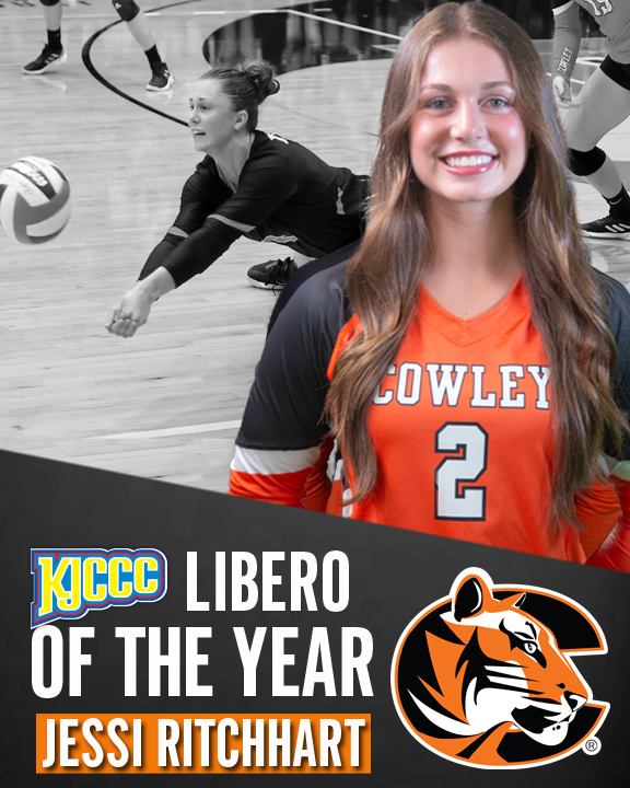 Congratulations to Jessi Ritchhart on being selected KJCCC Libero of the Year. Ritchhart joined the Cowley program in the spring of 2024 and put in the work to continue the tradition of strong Liberos for the Cowley program and also in the KJCCC and NJCAA.