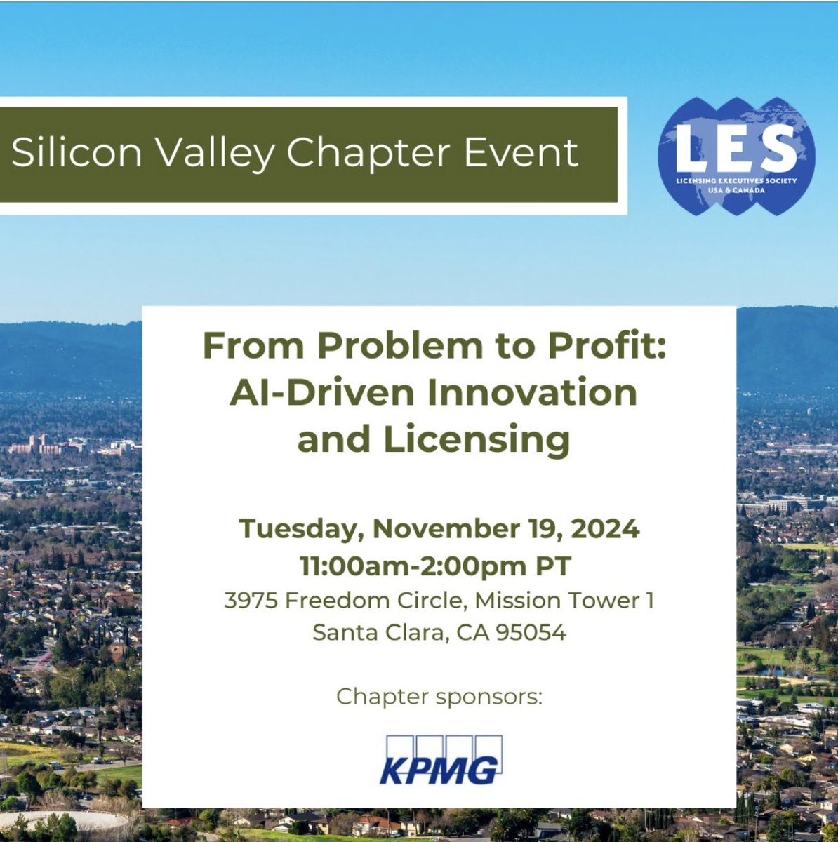 Silicon Valley IP professionals - we have our Chapter Event tomorrow at the beautiful offices of KPMG in the heart of Silicon Valley!

Here is the link to register: members.lesusacanada.org/event/11-19-24…