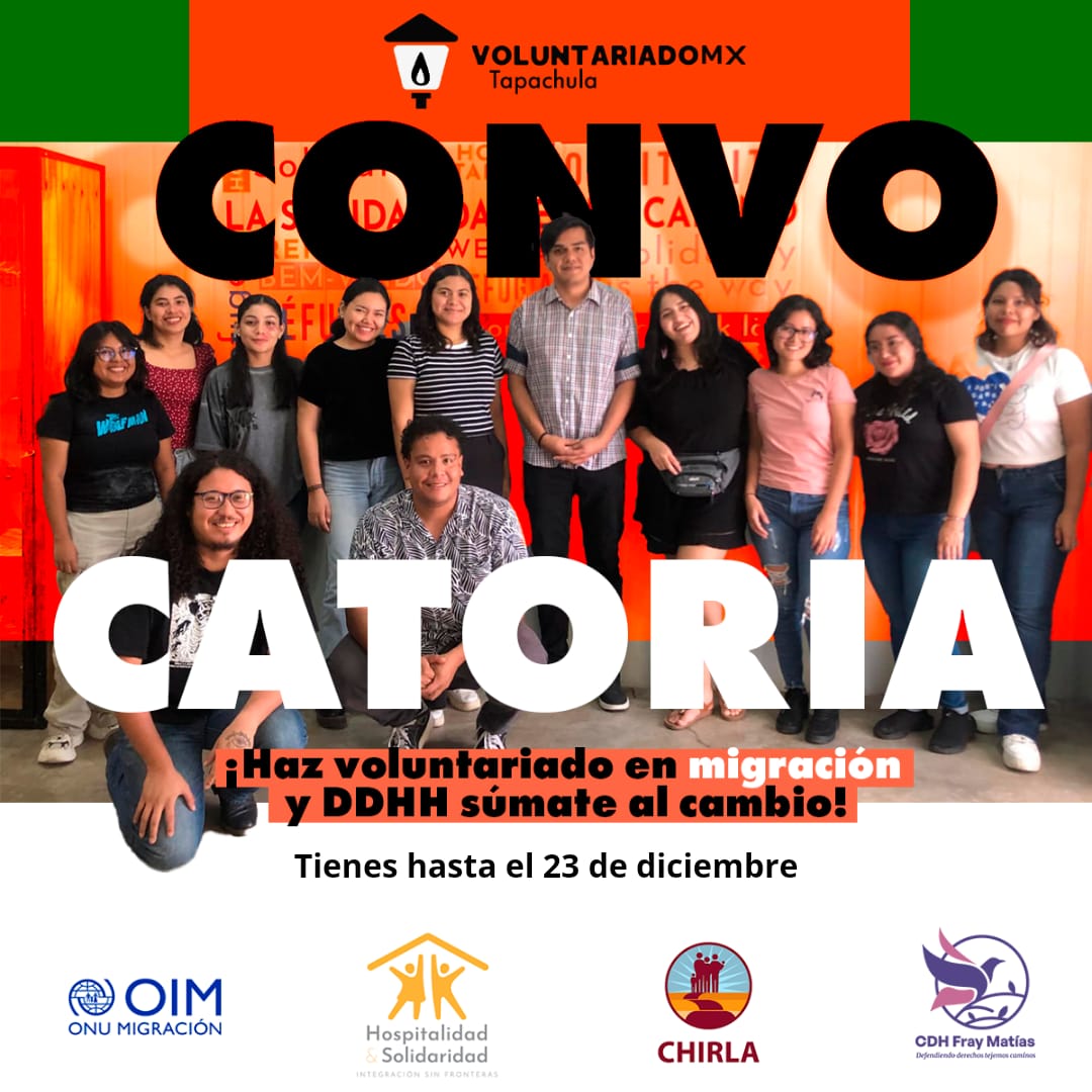 🟡🤓#Voluntarixs en #Tapachula
¿Quieres hacer la diferencia? Te invitamos a ser parte de nuestro equipo de voluntarixs, donde trabajamos por el bienestar de las personas migrantes y refugiadas en nuestra comunidad.
Convocatoria 👉🏾bit.ly/4e9rg8v

<a href="/CHIRLA/">CHIRLA</a> <a href="/AlbergueHYS/">Hospitalidad y Solidaridad A.C.</a>